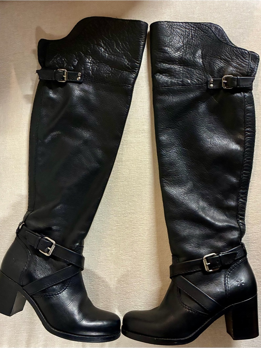 FRYE Kelly OTK Black Leather Moto Riding Boots Buckle Heel Size 7